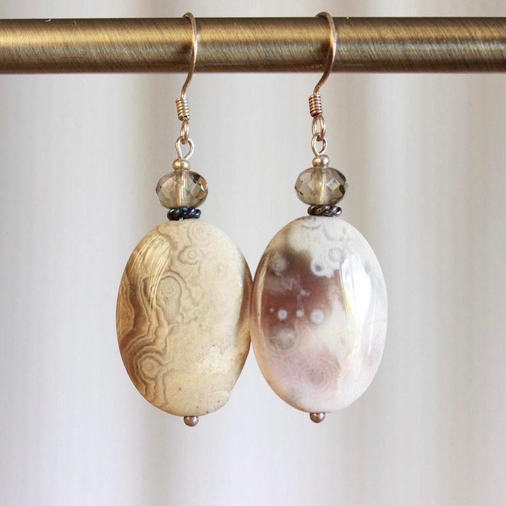 Handmade‎ Oval Ocean Jasper Gemstone Dangle Earrings Boho Bohemian Forest Fairy